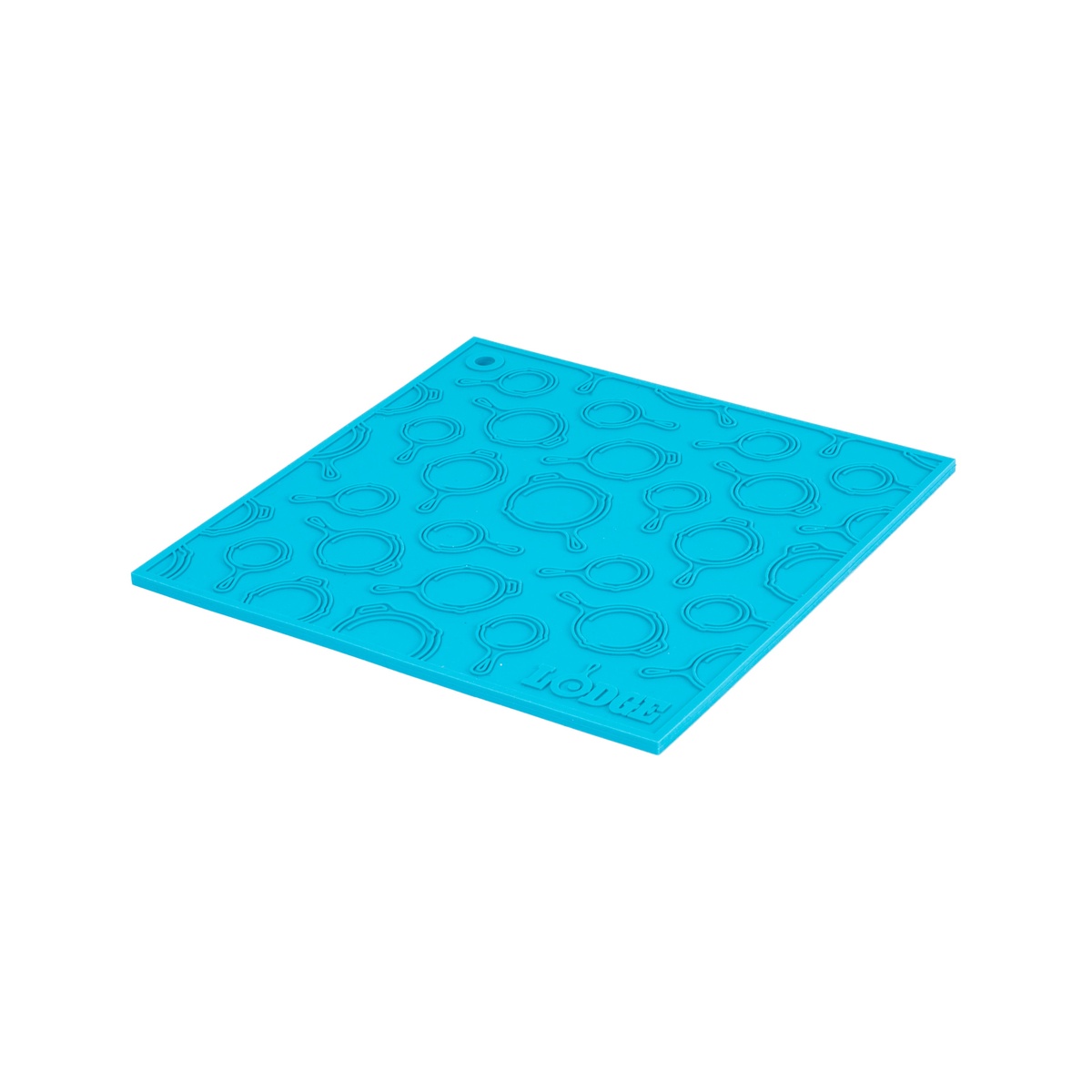 Lodge silicone trivet in turquoise with skillet pattern, corner hanging hole visible