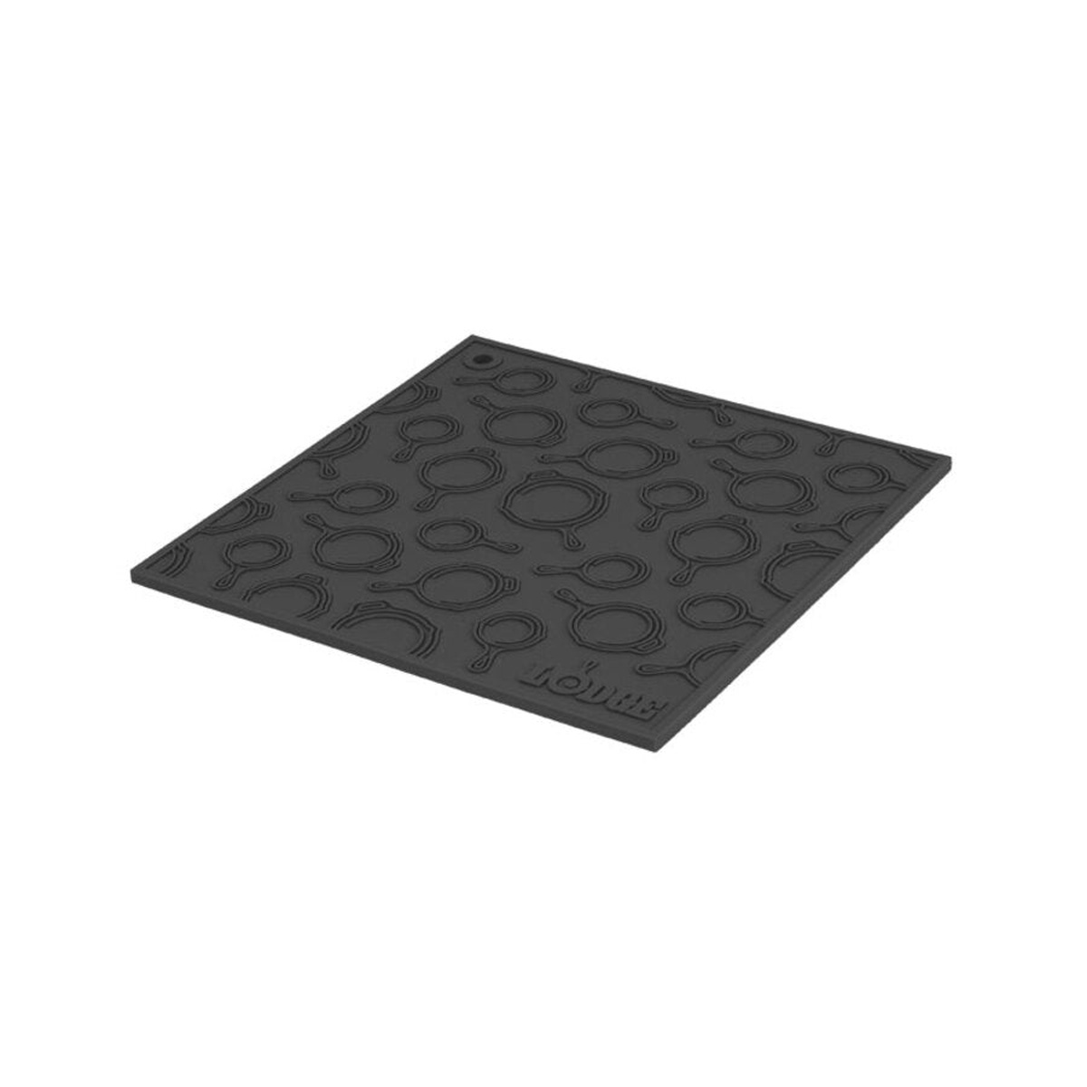 Lodge silicone trivet in black with embossed skillet pattern on white background