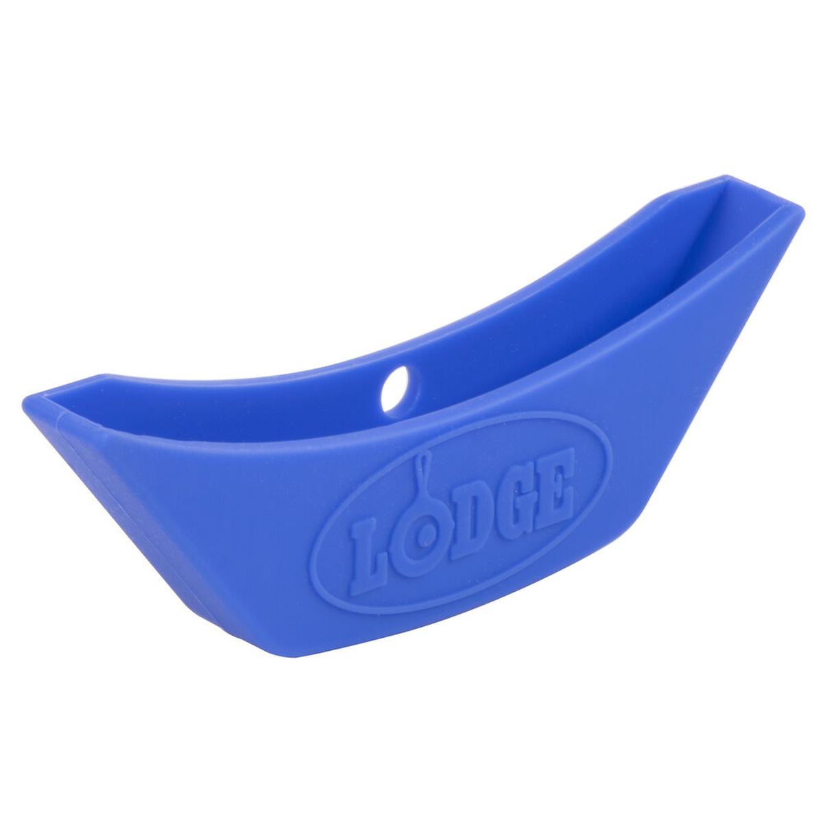 Lodge ASAHH31 blue silicone assist handle holder, curved shape with Lodge logo embossed
