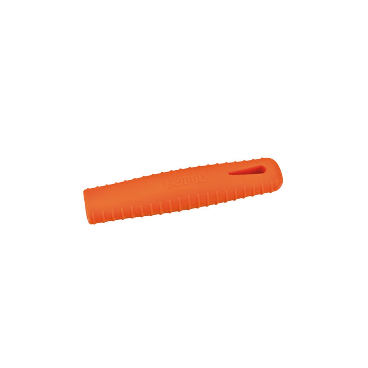 Lodge orange silicone handle holder for carbon steel skillet with ribbed texture and open slot