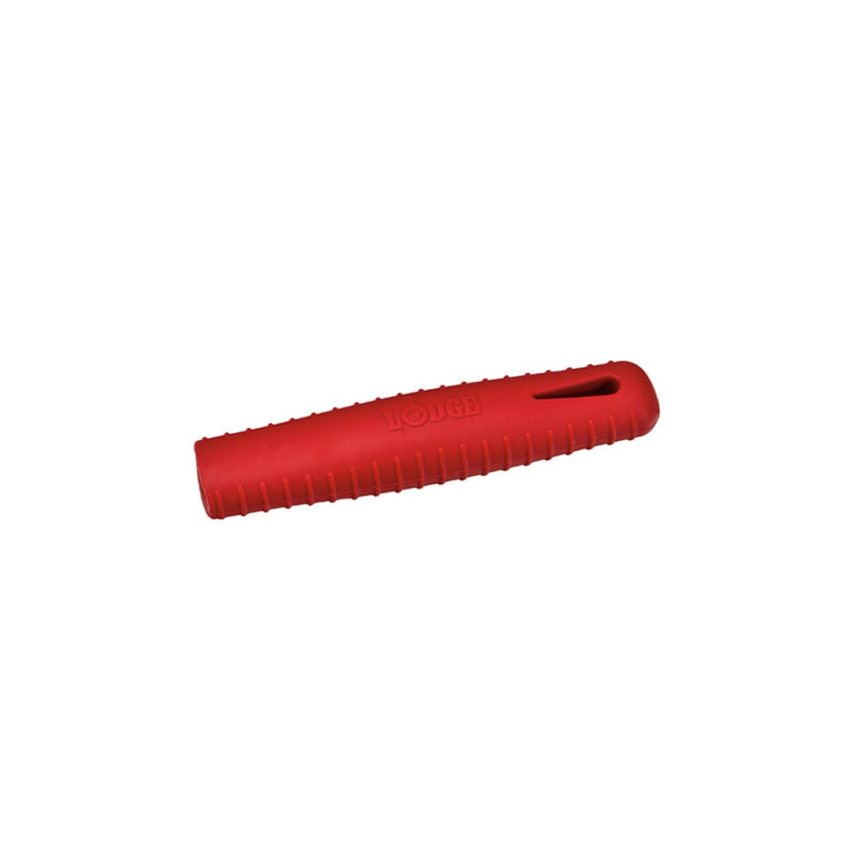 Lodge red silicone handle holder for carbon steel skillet, ribbed grip with Lodge branding