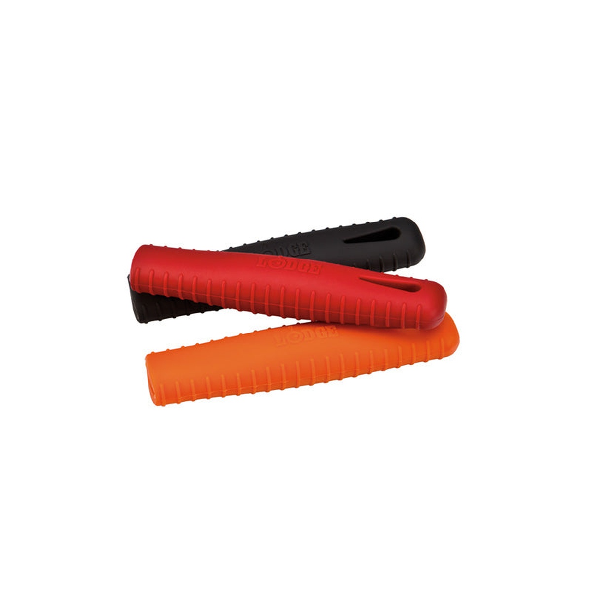 Lodge silicone handle holders in black, red, and orange arranged together showing all three color options