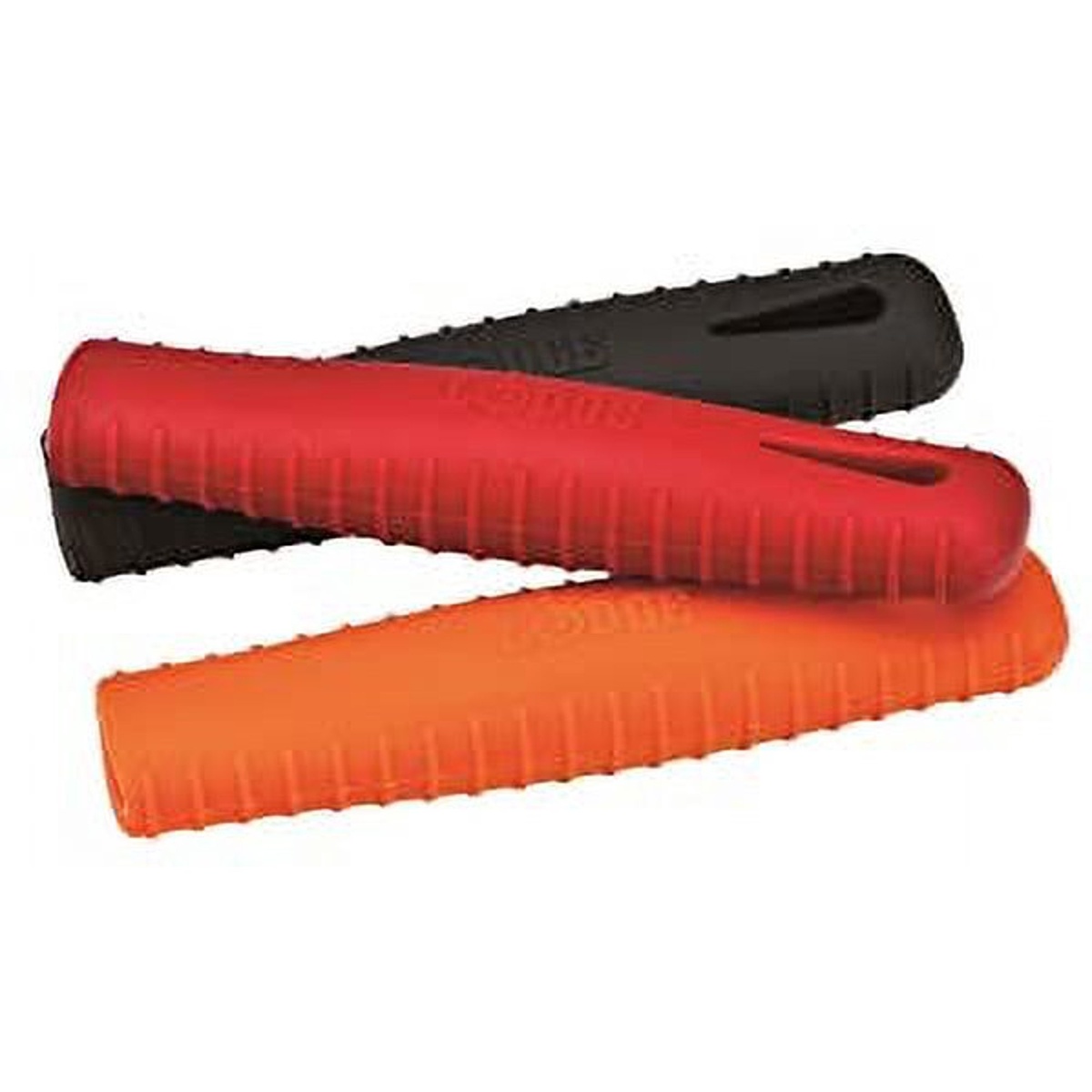 Lodge silicone handle holders in black, red, and orange colorways displayed together