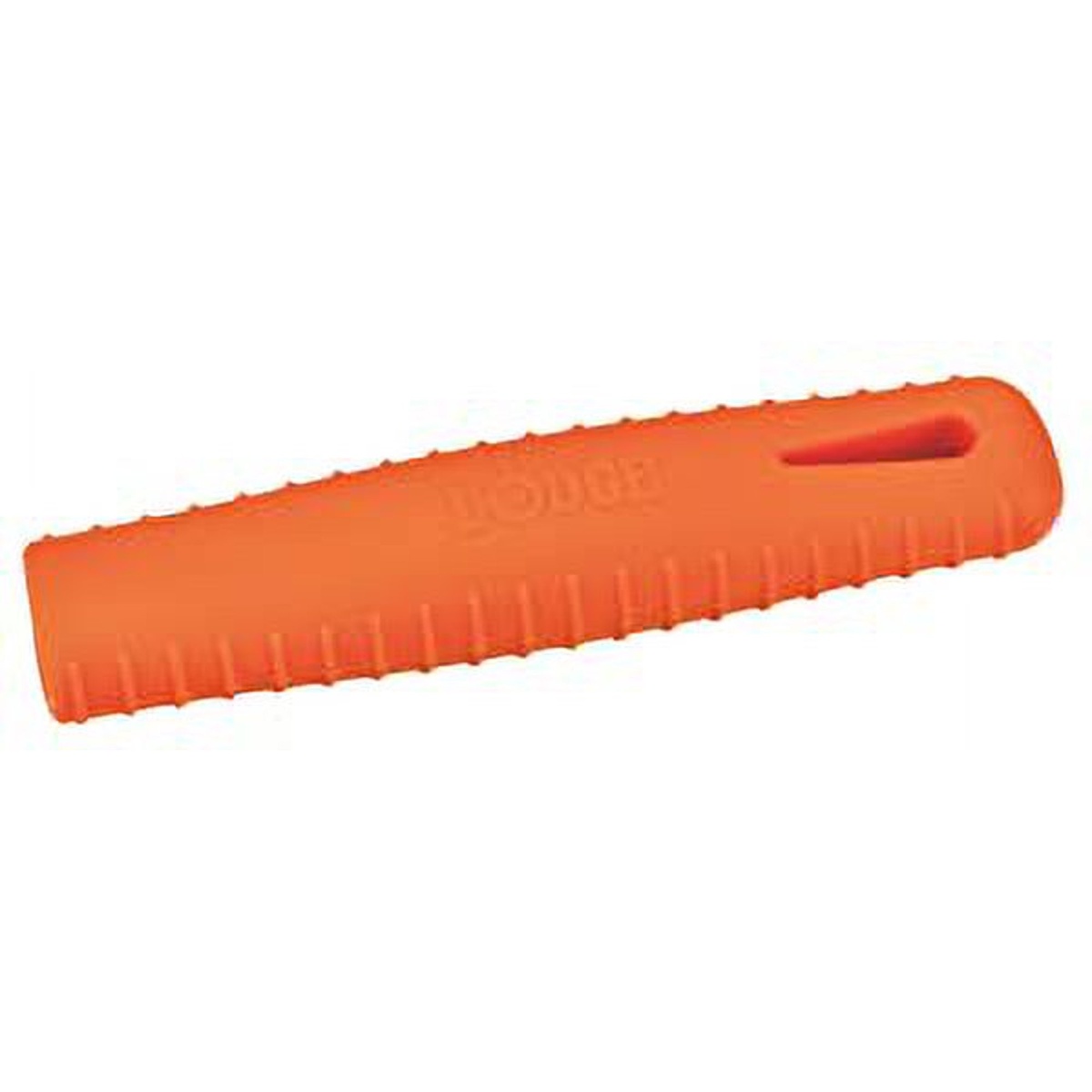 Close-up of single orange Lodge silicone handle holder showing ridged grip texture and Lodge branding