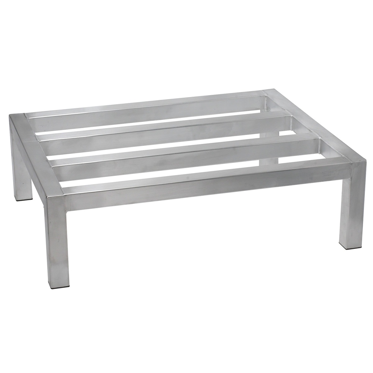 Winco ASDR-1424 aluminum dunnage rack with slotted top and four corner legs on white background