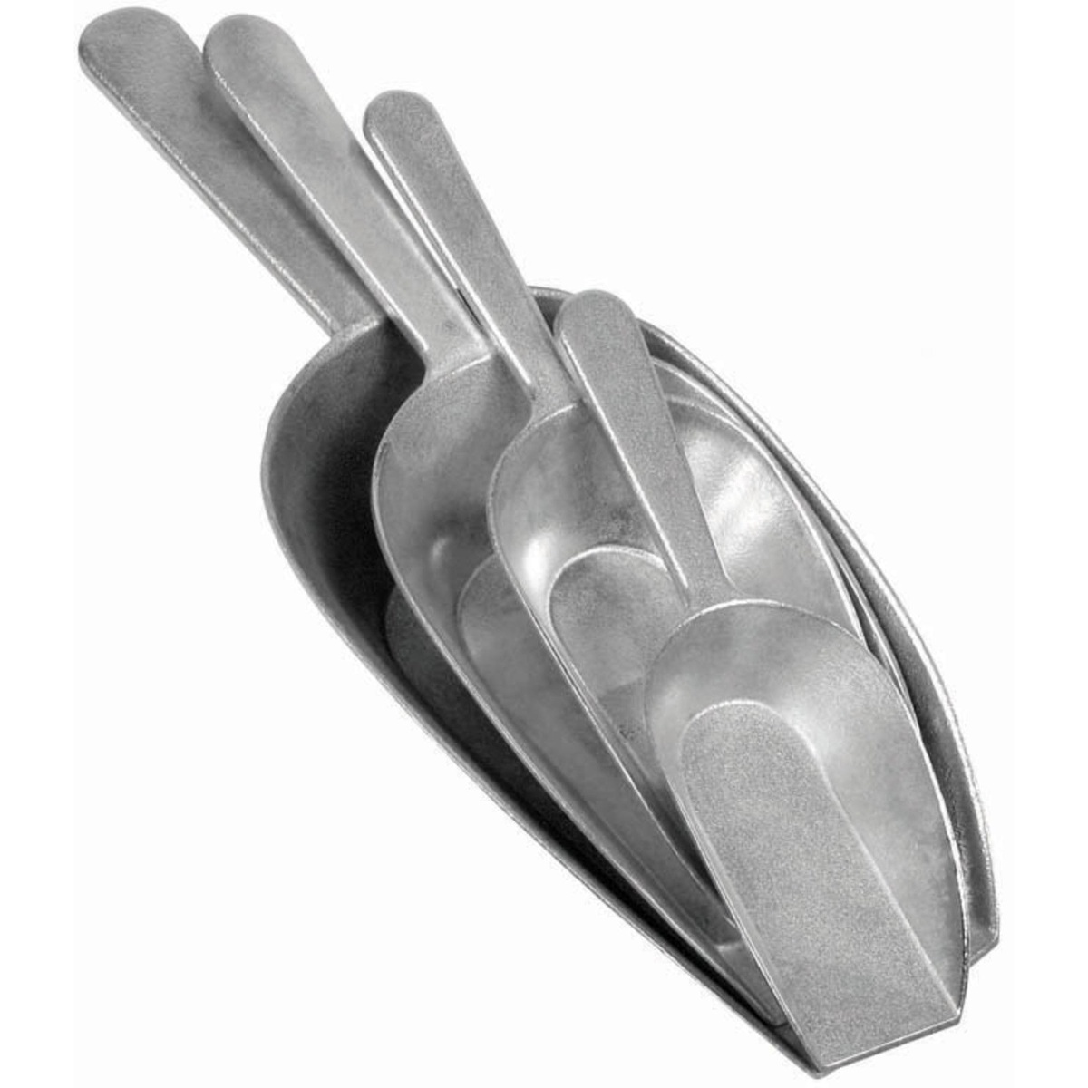 Multiple Winco aluminum flat-bottom scoops stacked together showing various sizes