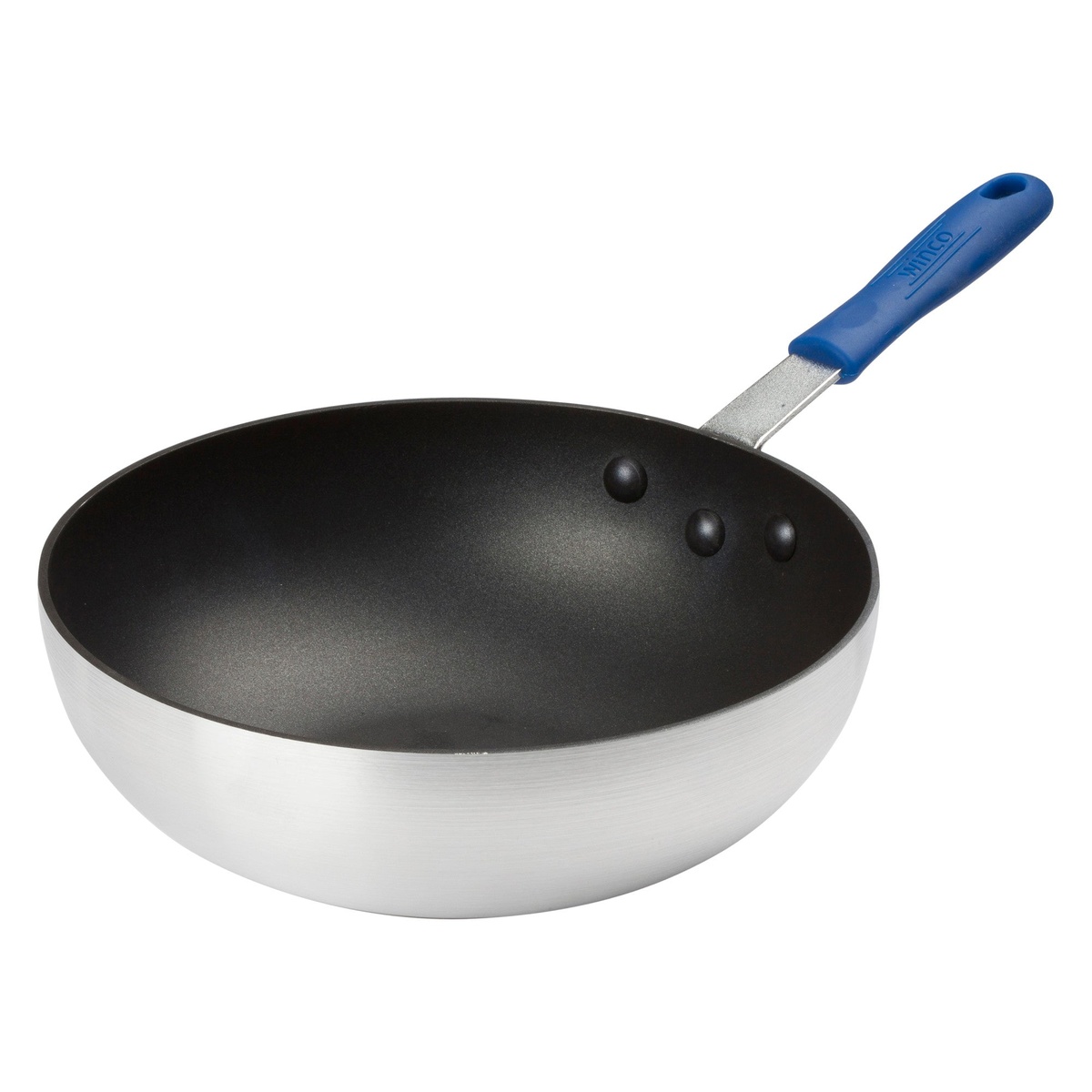 Winco ASFP-11NS 11-inch non-stick aluminum stir fry pan with blue silicone handle, showing deep-sided bowl and dark Quantum2 non-stick interior