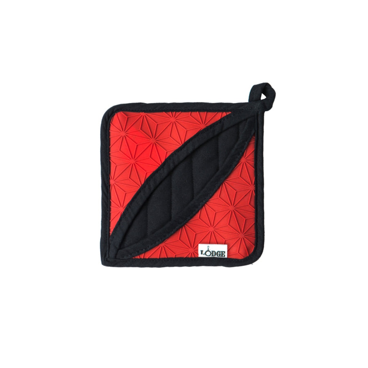 Lodge pot holder showing diagonal black fabric pocket on red silicone exterior with hanging loop