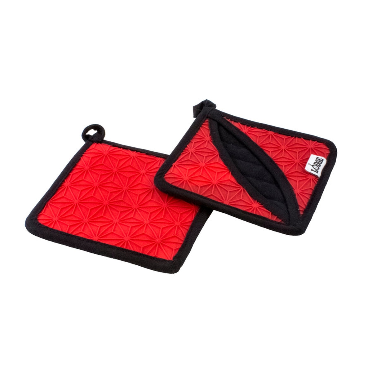 Lodge silicone and fabric pot holders in red and black, two units shown with hanging loops