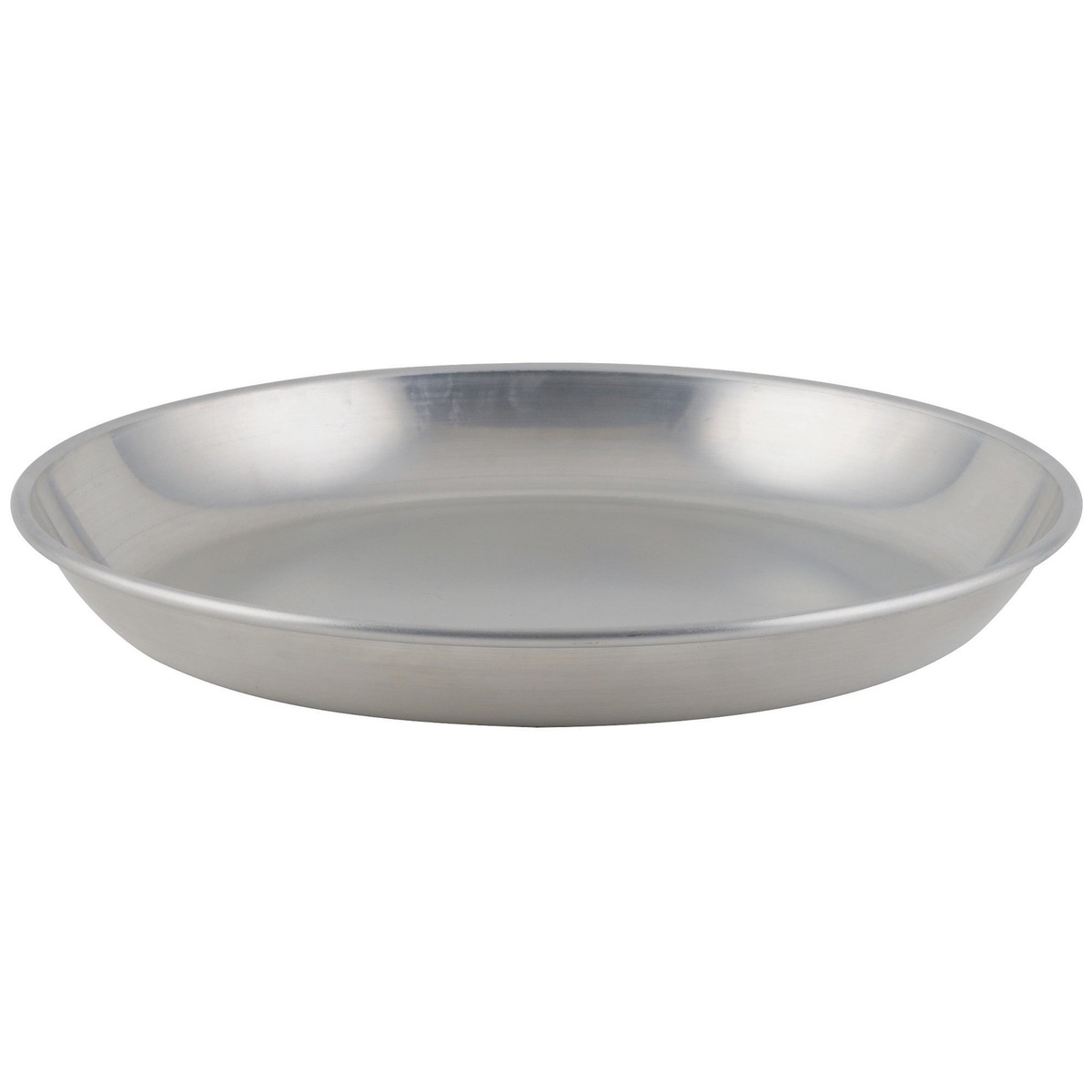 Winco ASFT-12 12-inch round brushed aluminum seafood tray, top-angle view on white background