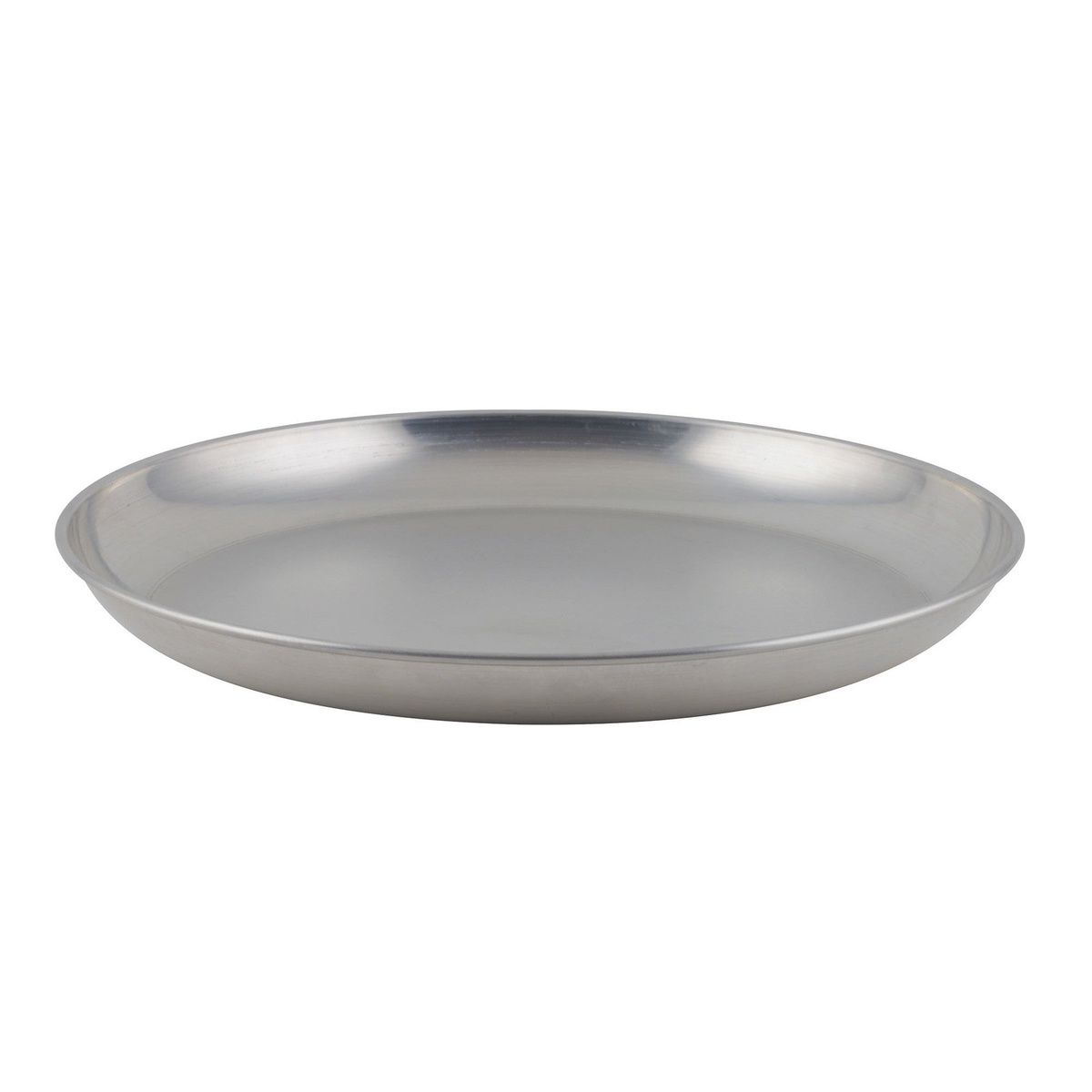 Winco ASFT-14 round brushed aluminum seafood tray, top-angle view on white background