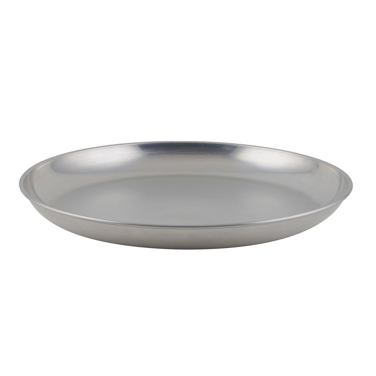 Winco ASFT-16 round brushed aluminum seafood tray, 15-3/4 inch diameter, viewed from a slight angle