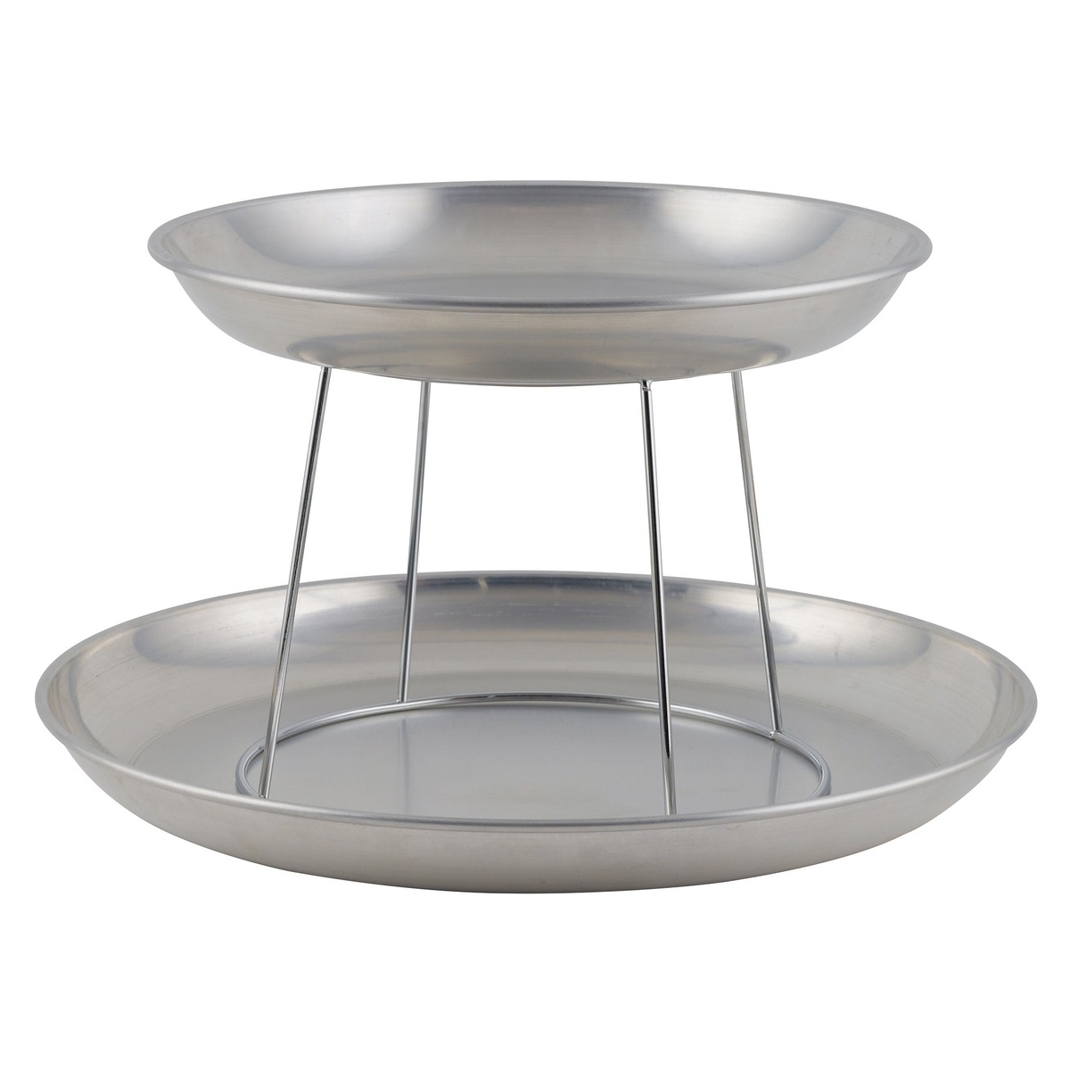 Two Winco ASFT-16 aluminum seafood trays stacked in a two-tier display arrangement using a wire stand