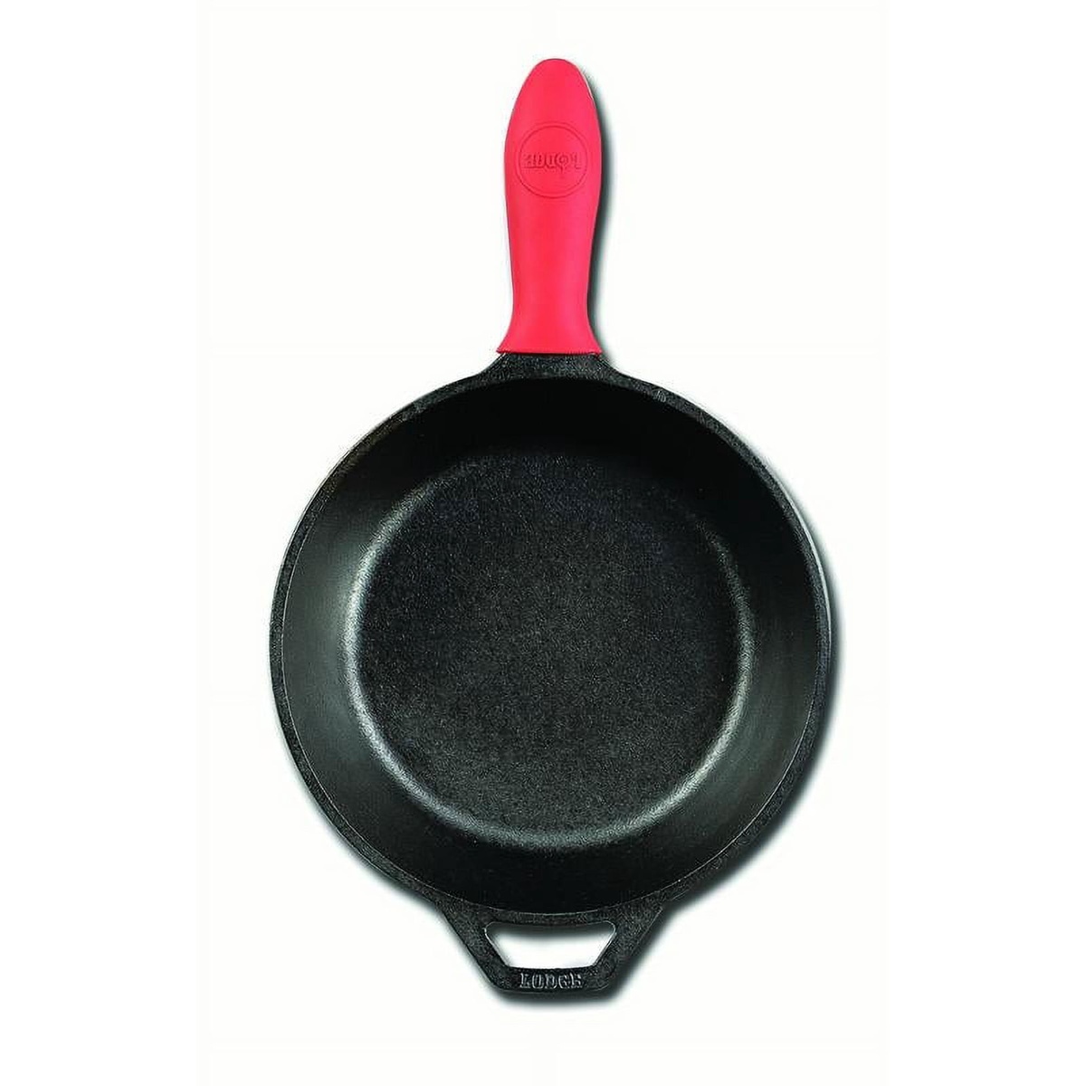 Red Lodge silicone handle holder fitted onto a black cast iron skillet handle, viewed from above