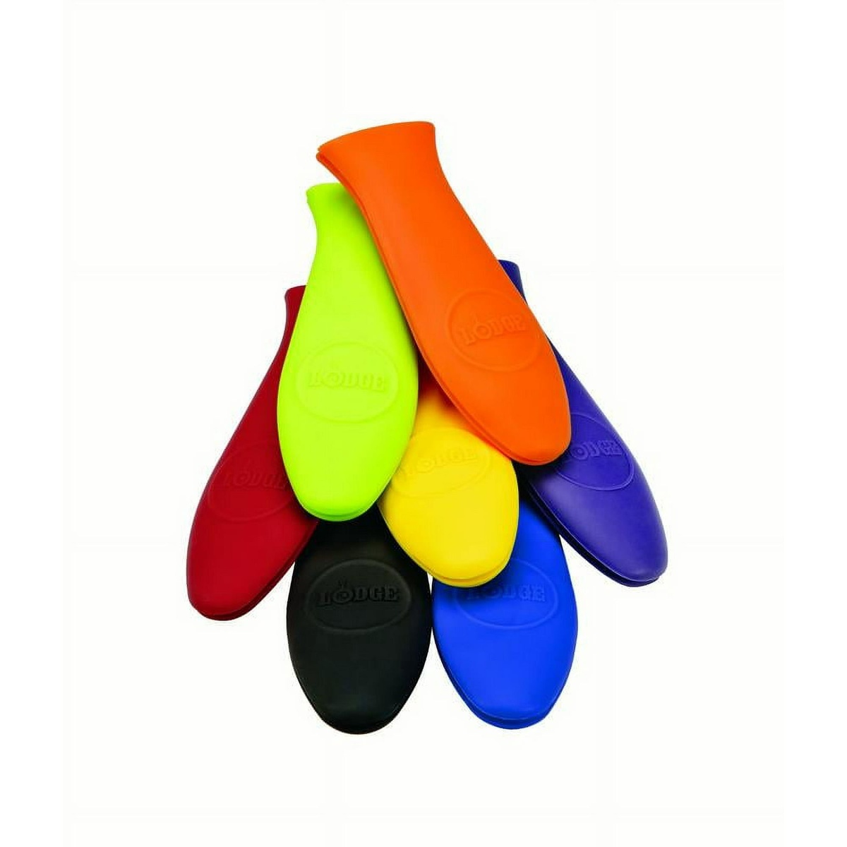 Assortment of Lodge silicone hot handle holders in multiple colors including yellow, red, black, blue, green, orange, and purple