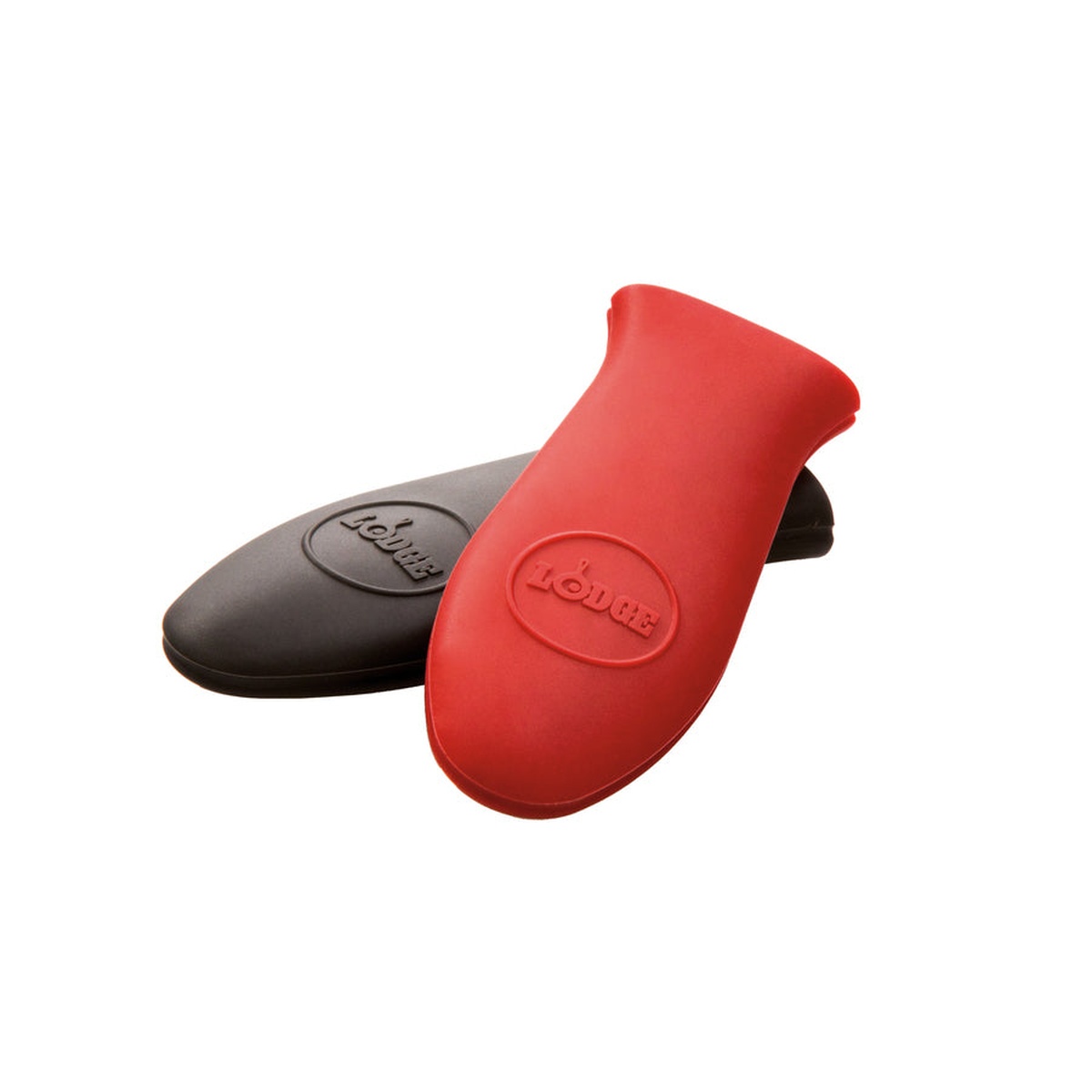 Lodge silicone hot handle holders in red and black shown side by side