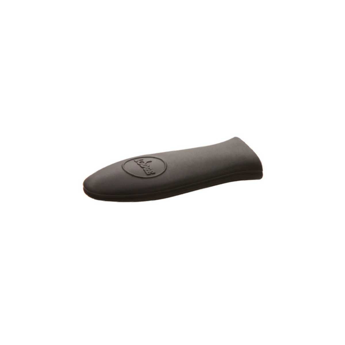 Lodge black silicone hot handle holder, angled view showing Lodge embossed logo