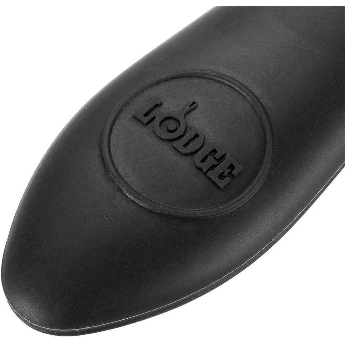 Close-up of Lodge logo embossed on the black silicone mini hot handle holder