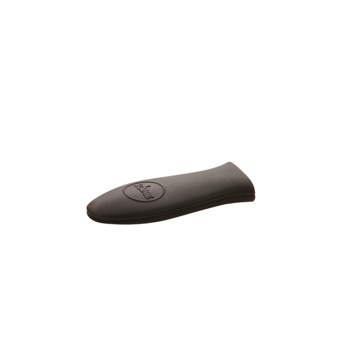 Lodge Mini Silicone Hot Handle Holder in black, angled view on white background showing Lodge embossed logo