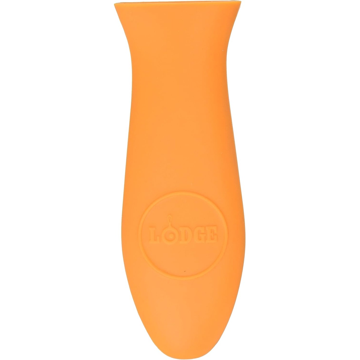 Lodge orange silicone hot handle holder with embossed Lodge logo, shown from front