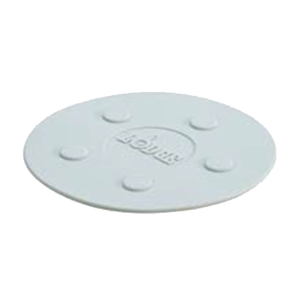 Lodge Manufacturing ASLMT05 round gray silicone trivet, 8-inch diameter, showing raised non-slip bumps and Lodge logo