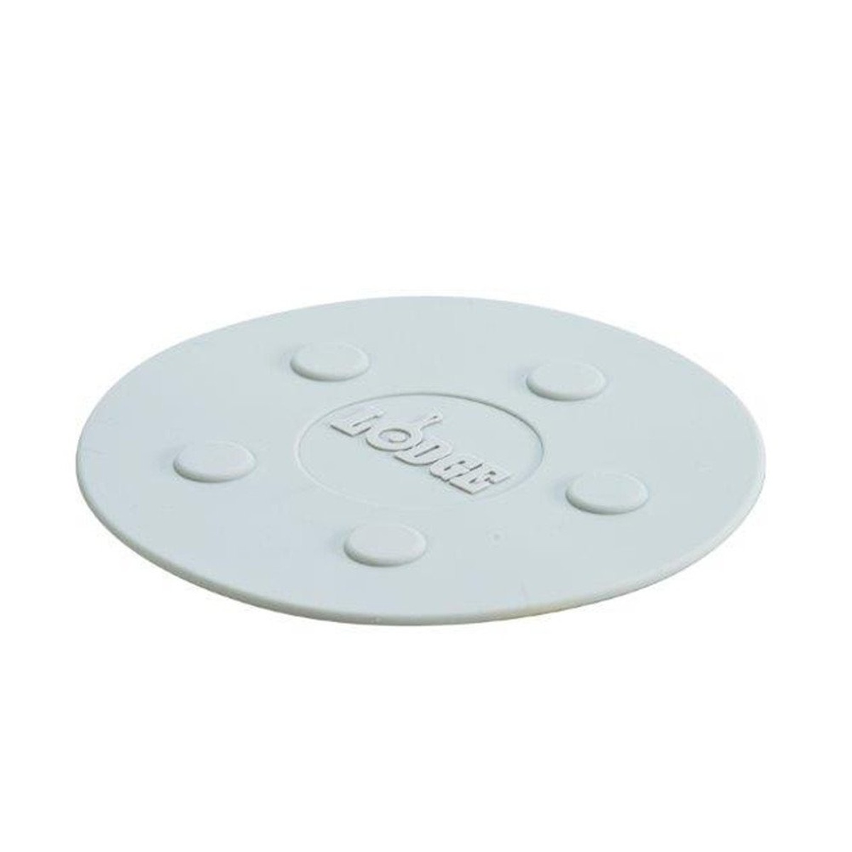 Lodge gray round silicone magnet trivet with raised dots and embossed Lodge logo, viewed from above at an angle