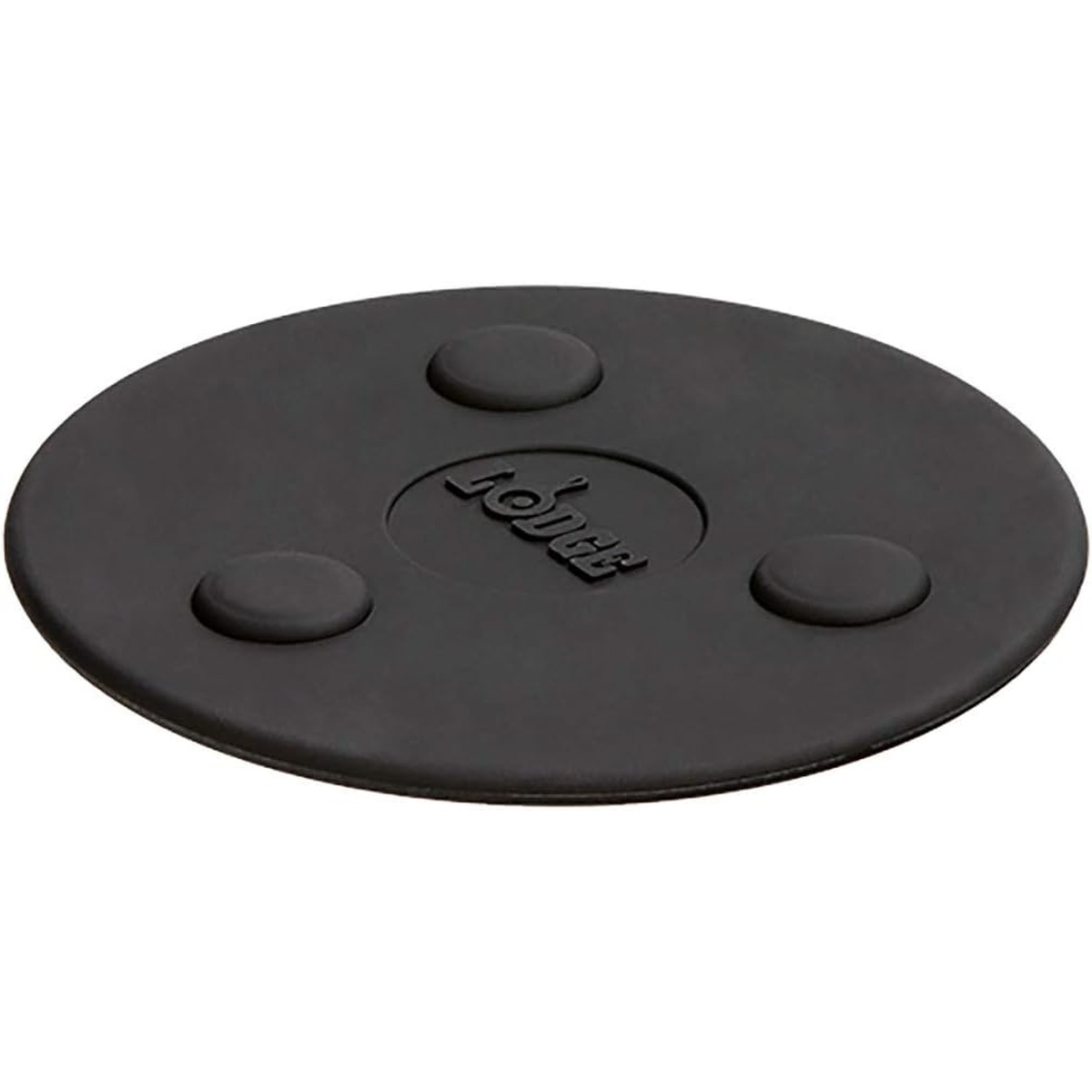Lodge black round silicone magnetic trivet with three raised rare earth magnet points and embossed Lodge logo