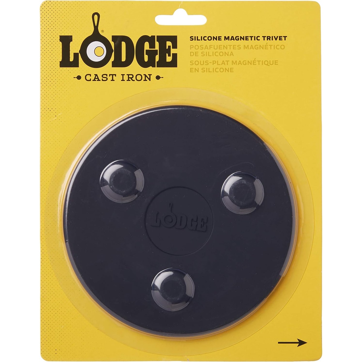 Lodge Silicone Magnetic Trivet shown in original retail packaging on yellow Lodge Cast Iron branded card