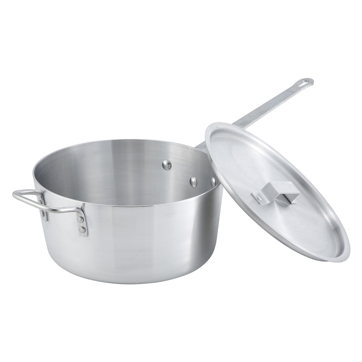 Winco ASP-10 10-quart aluminum sauce pan with long handle, helper handle, and compatible aluminum lid shown separately