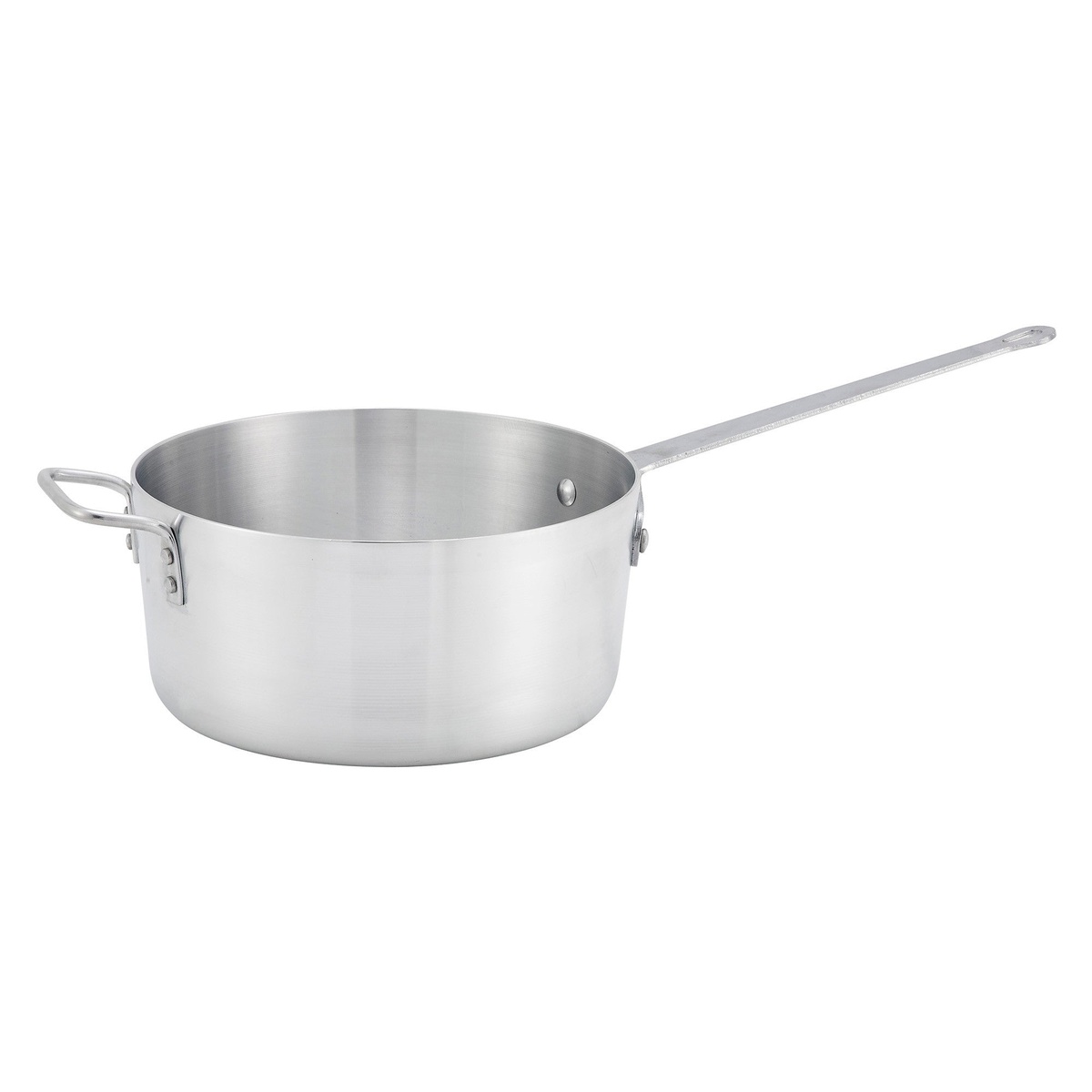 Winco ASP-10 10-quart tapered aluminum sauce pan with riveted long handle and helper handle on white background