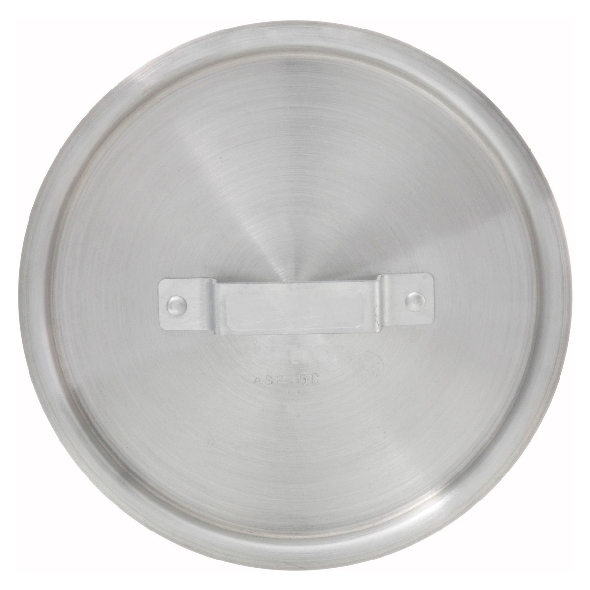 Top-down view of Winco ASP-1C aluminum sauce pan cover showing integrated handle and circular form