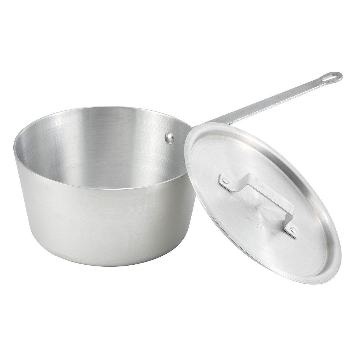 Winco ASP-2 aluminum sauce pan shown alongside optional aluminum lid