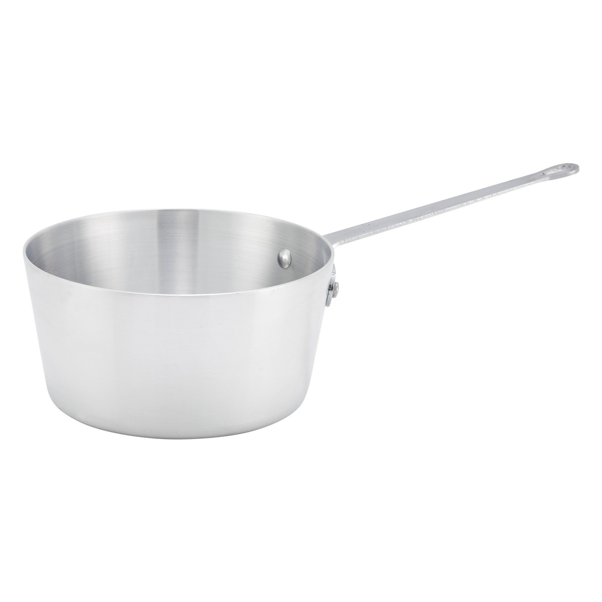 Winco ASP-4 Tapered Aluminum Sauce Pan showing the riveted handle and natural finish
