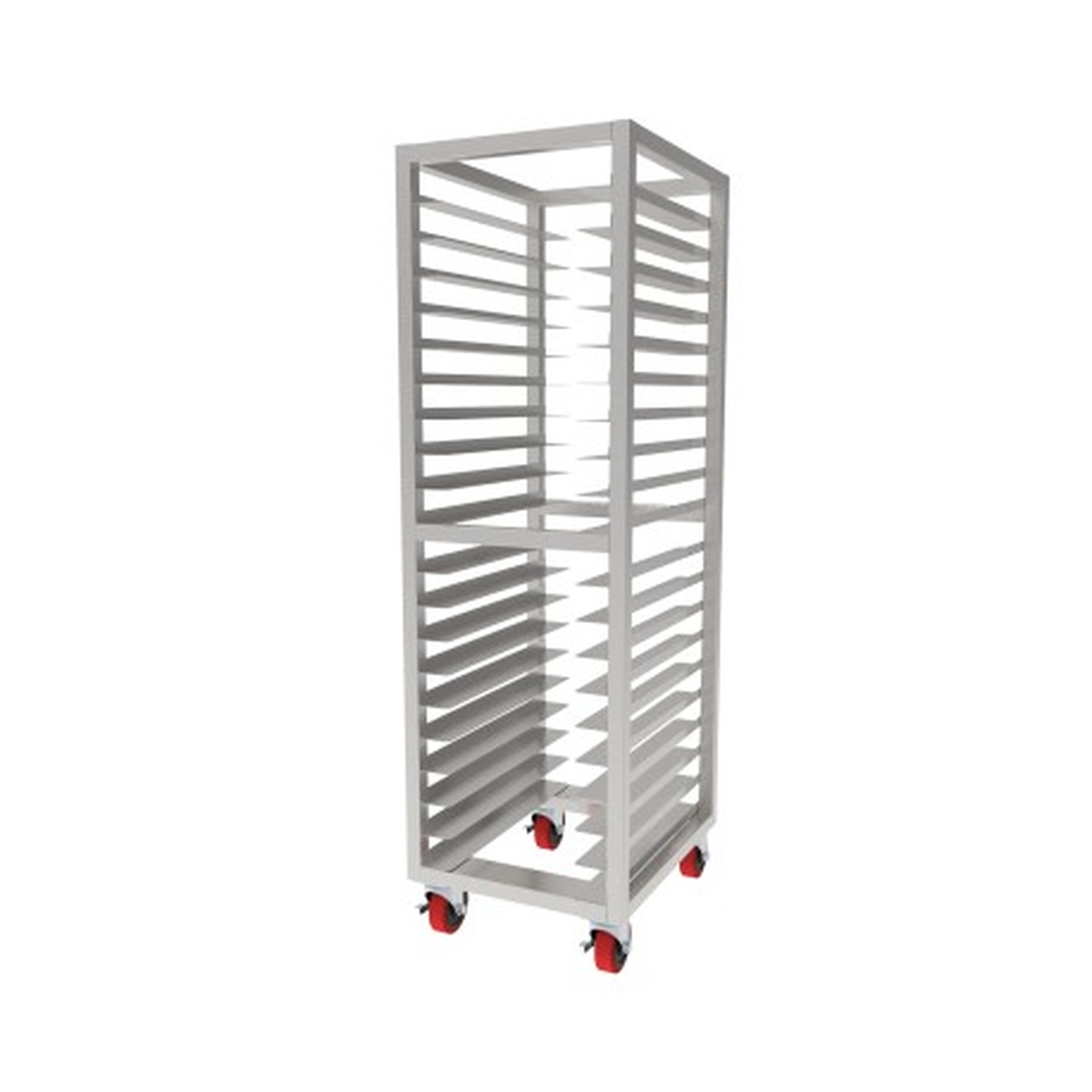 GSW USA ASR-2022W all-welded stainless steel bun pan rack with red swivel casters, open sides, and multiple pan slides