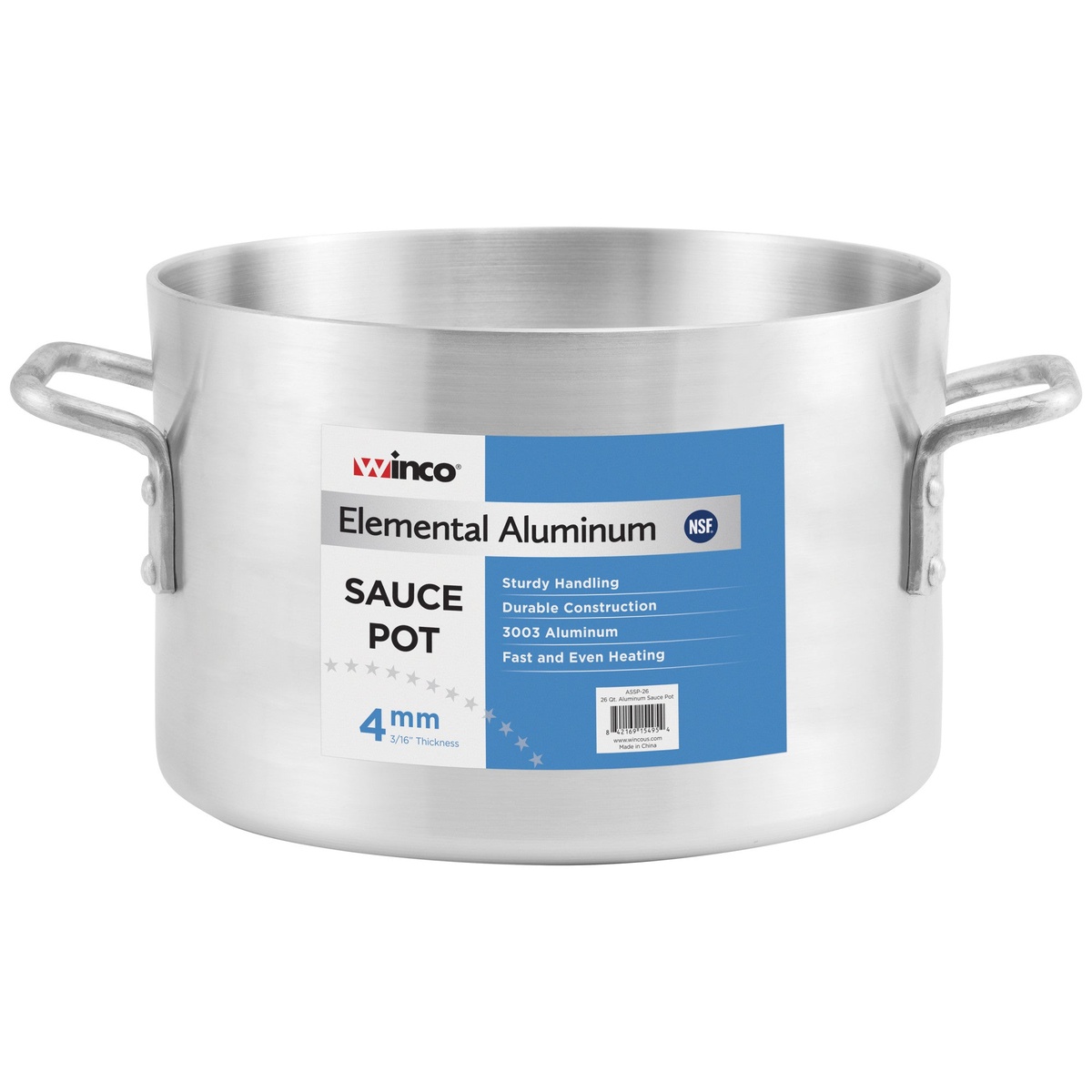 Winco ASSP-26 26-quart elemental aluminum sauce pot with riveted handles on white background