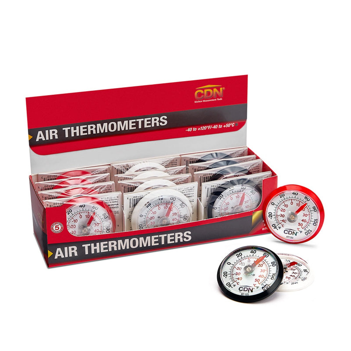 CDN AT120 Air Thermometer retail display box containing 12 thermometers in white, black, and red