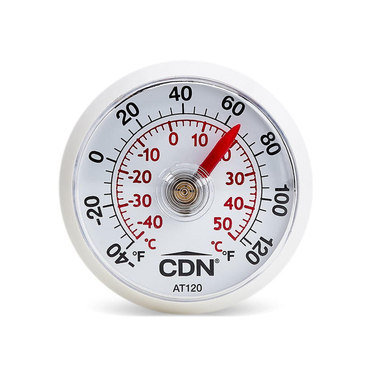 Close-up front view of CDN AT120 white air thermometer dial showing dual Fahrenheit and Celsius scale