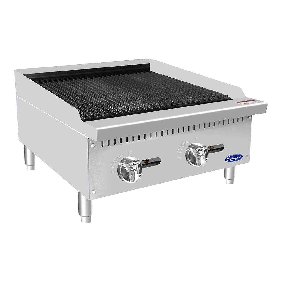 Angled view of Atosa CookRite ATCB-24 charbroiler showing cast iron cooking grates