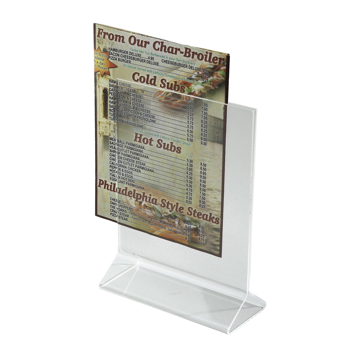 Winco ATCH-57 acrylic menu stand holding a printed restaurant menu card