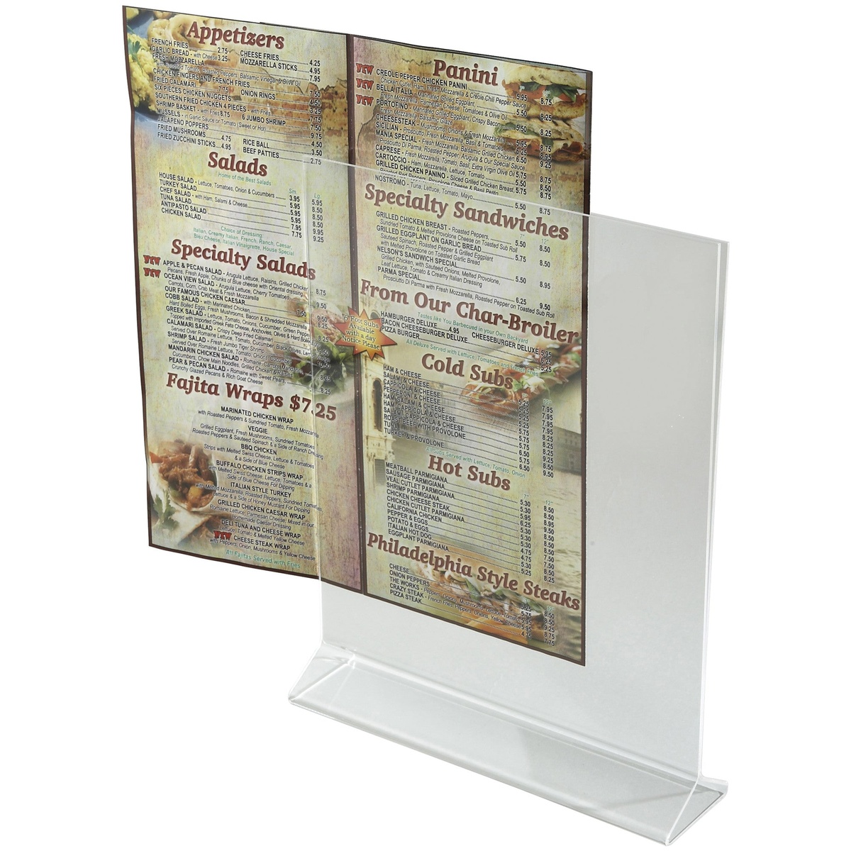 Winco ATCH-811 acrylic menu stand holding a full-page restaurant menu insert