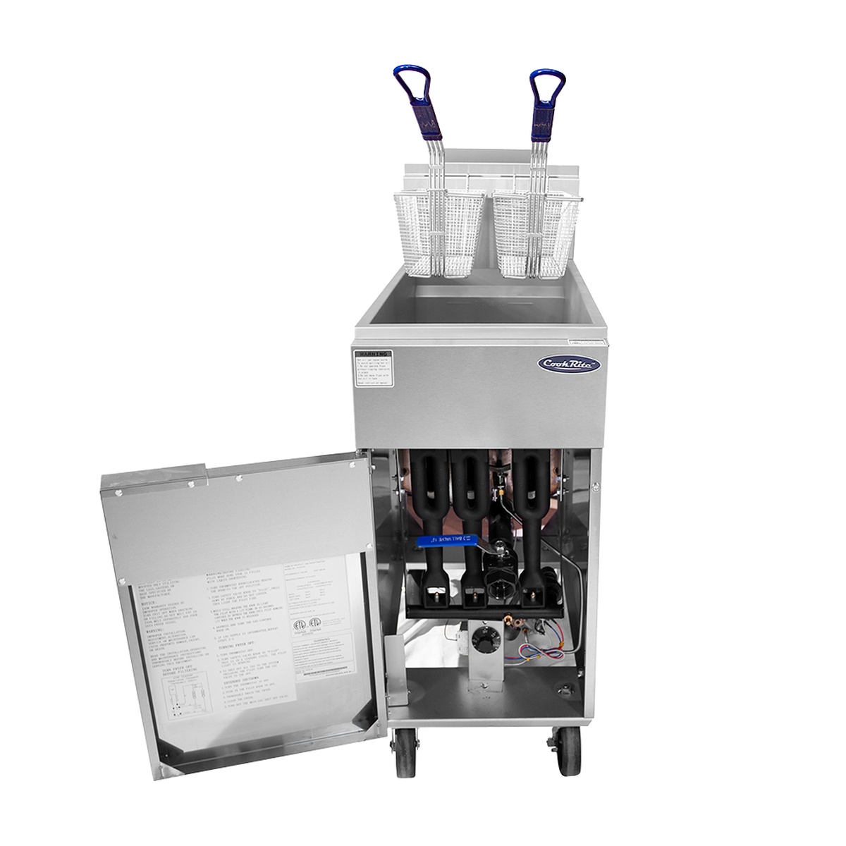 Atosa CookRite fryer with front door open showing tube burners and internal components