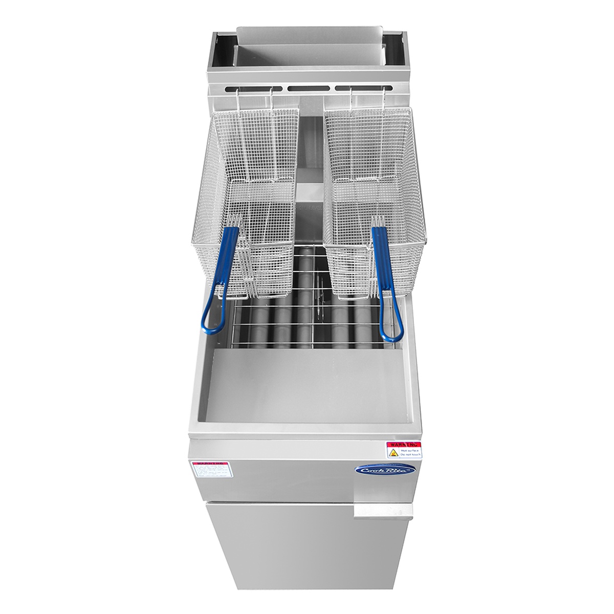 Top view of fryer tank with two nickel plated fry baskets and basket hanger