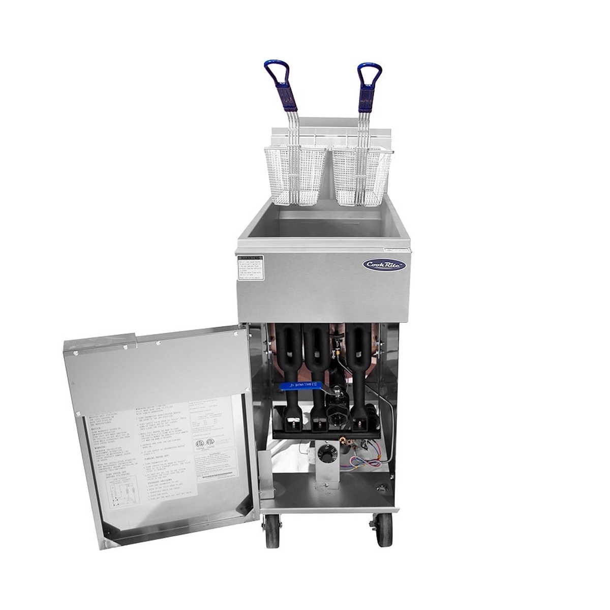 Fryer with front door open showing internal gas burner system