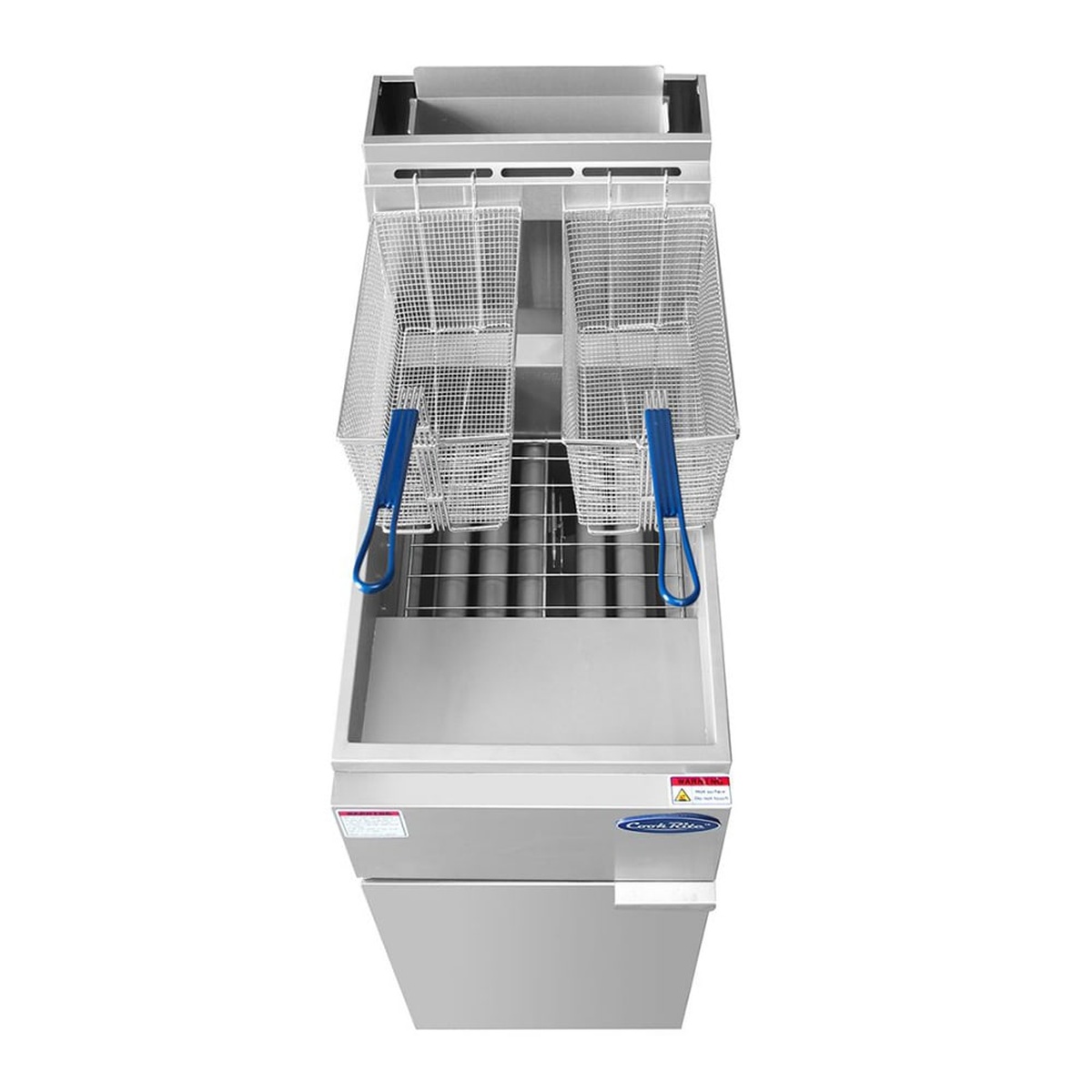 Top view of fry pot with two nickel plated baskets and basket hanger