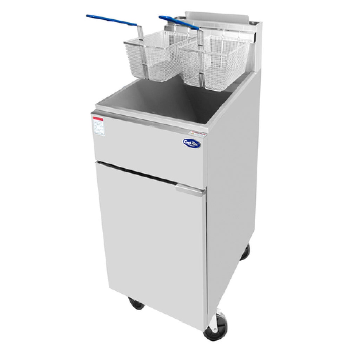 Angled view of Atosa CookRite ATFS-50-LP stainless steel fryer showing cabinet base and casters