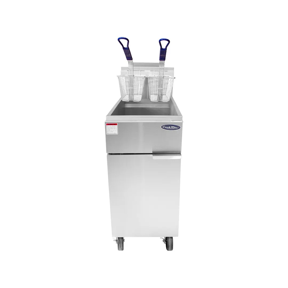 Front view of Atosa CookRite 50 lb deep fryer with two baskets