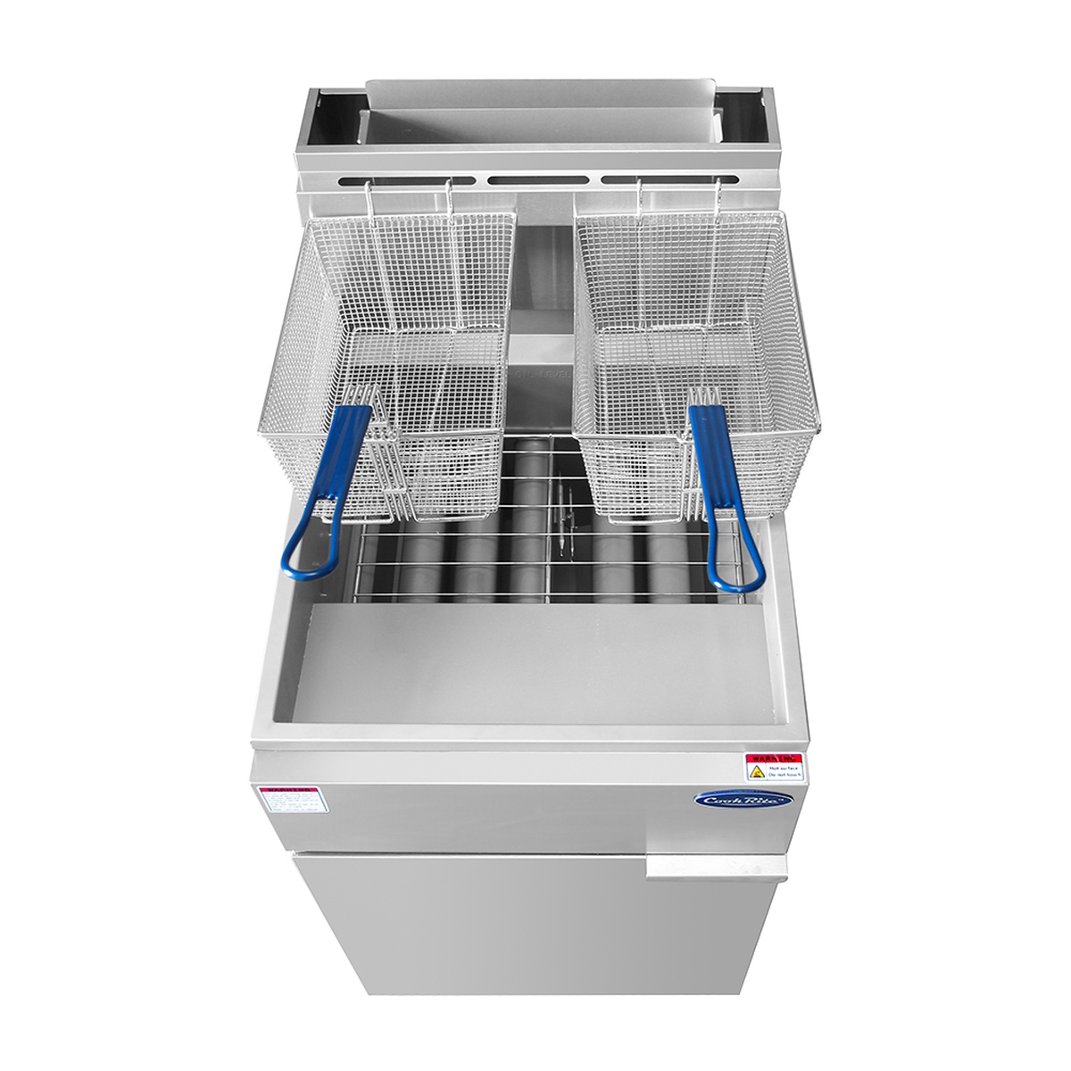 Top view of fryer tank with dual baskets and internal grate
