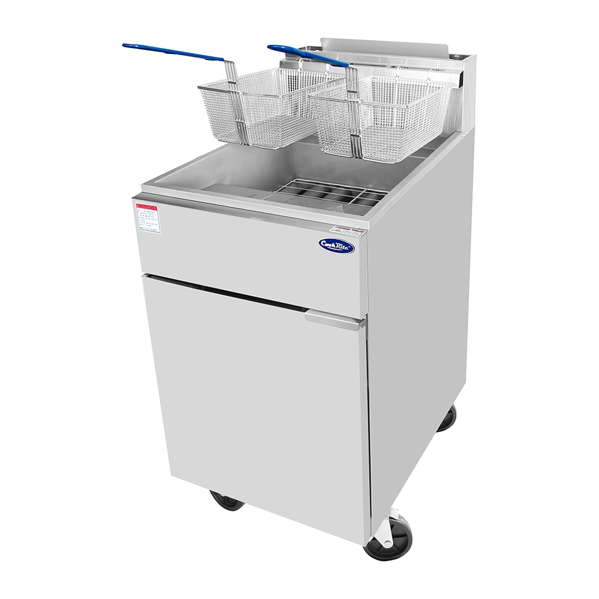 Angled view of Atosa CookRite ATFS-75-NG floor fryer with two baskets