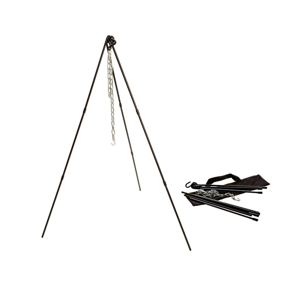 Lodge Adjustable Camp Tripod assembled at full height beside its disassembled components and tote bag