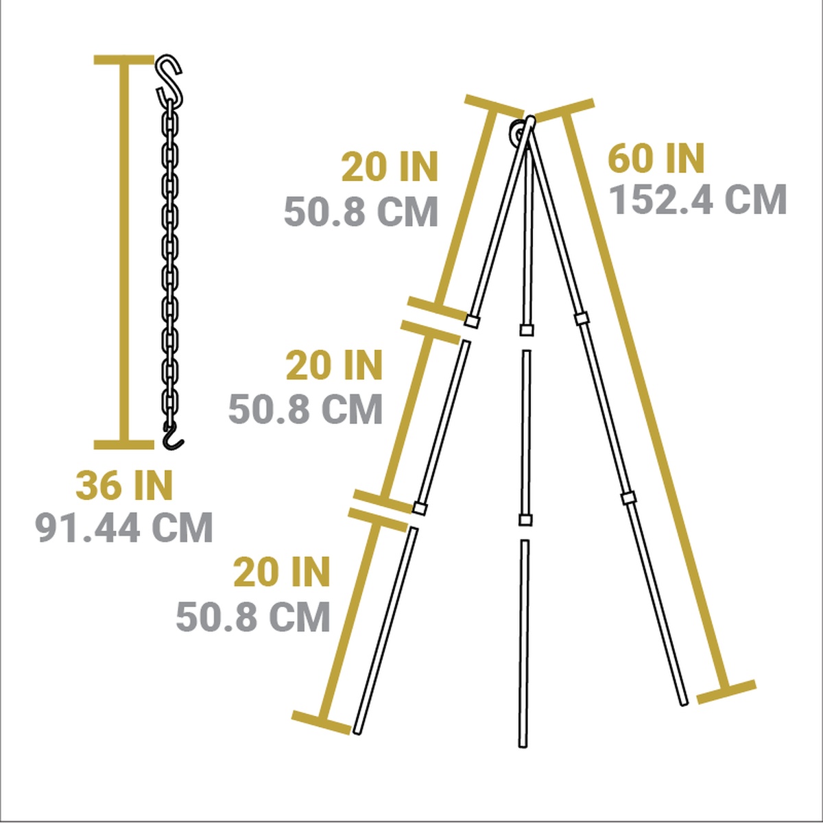 Dimension diagram of Lodge Adjustable Camp Tripod showing 60-inch maximum height, three 20-inch leg segments, and 36-inch chain length